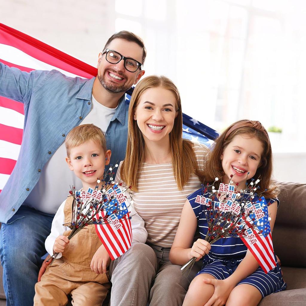 4 Pcs 4th of July Decorations Patriotic Artificial Berry Stem Picks White Blue Red Pearls and American Flags for Independence Day Memorial Day, Home