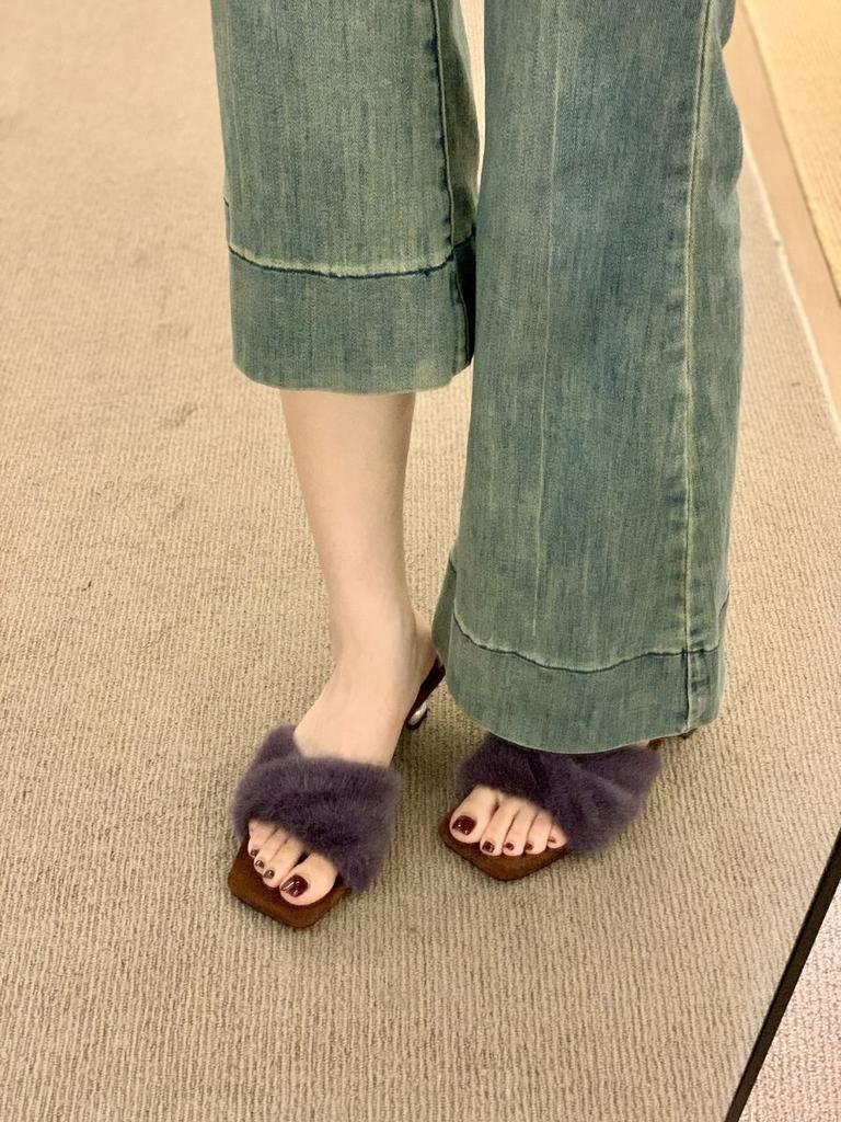 High Heels French Temperament Purple Fluffy Shoes Women's Shoes Wear 2025 New Autumn One-word Plush Cotton Slippers