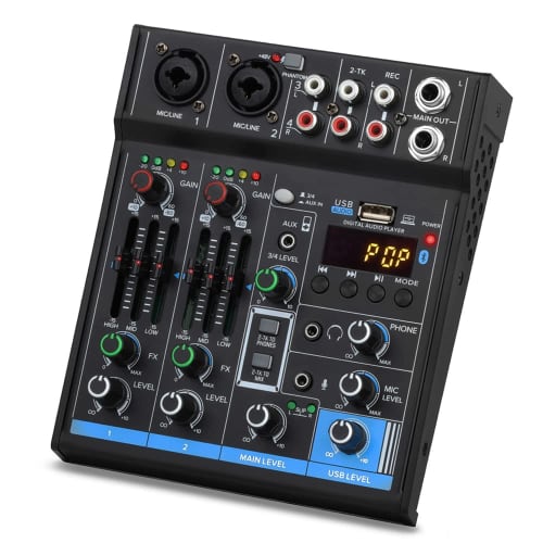 Portable Mini Mixer 4-Channel Audio DJ Console Sound Card with USB and 48V Phantom Power for PC Recording Webcast Party - Depusheng M4, Black