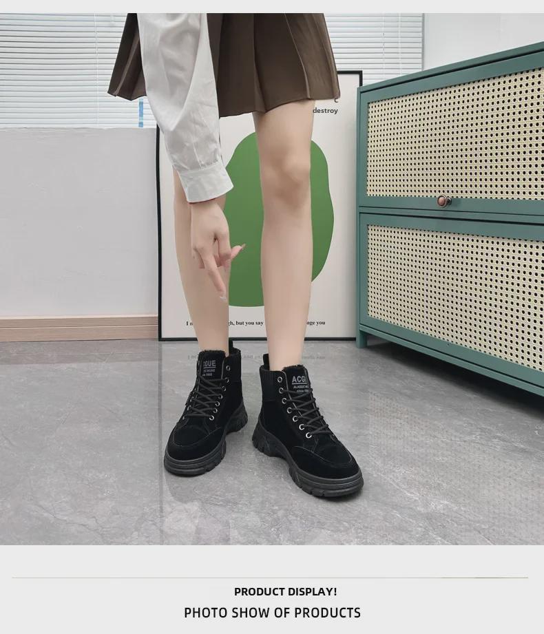 Ghete Martin de iarnă pentru femei din piele întoarsă - Vârf rotund, Talpă groasă, Căptușeală de catifea, Detaliu cu cataramă, Stil până la jumătatea gambei