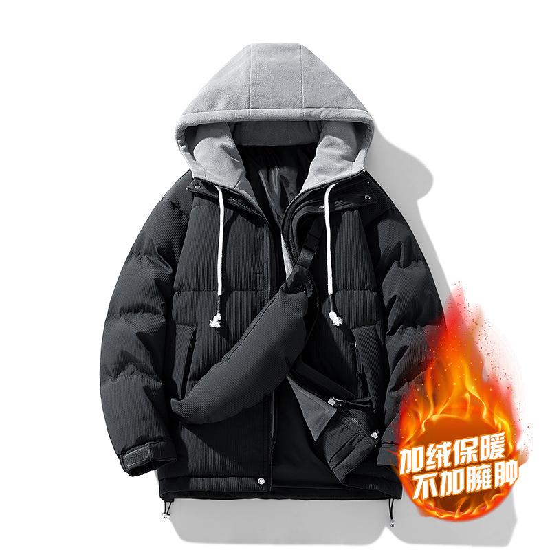 Padded-on men's hooded padded jacket fake two pieces, winter men's fashion trend high-end warm windproof jacket casual