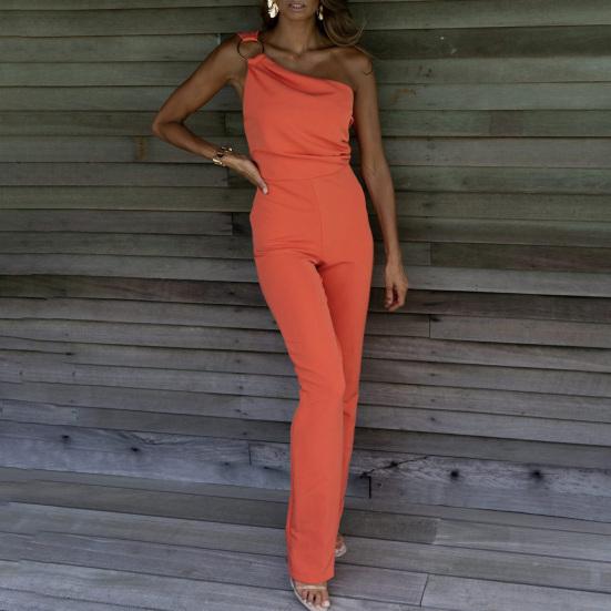 Banquet Romper One Shoulder Close-fitting Sexy Breathable Firm Stitching Solid Color Big Hoop Decor Slim Fit Sleeveless Prom Jumpsuit Daily Clothes