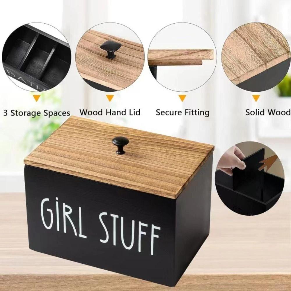 Wooden Cotton Pads Storage Box 1/3 Grids Dust Proof Lady Pad Storage Container Large Capacity with Lid Girl Stuff Organizer Case