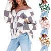 Autumn Winter Women's Casual Loose Checkered Checkerboard Plaid Collision V-neck Buttoned Long-sleeved Knit Cardigan Comfortable Long Sleeves Sweater