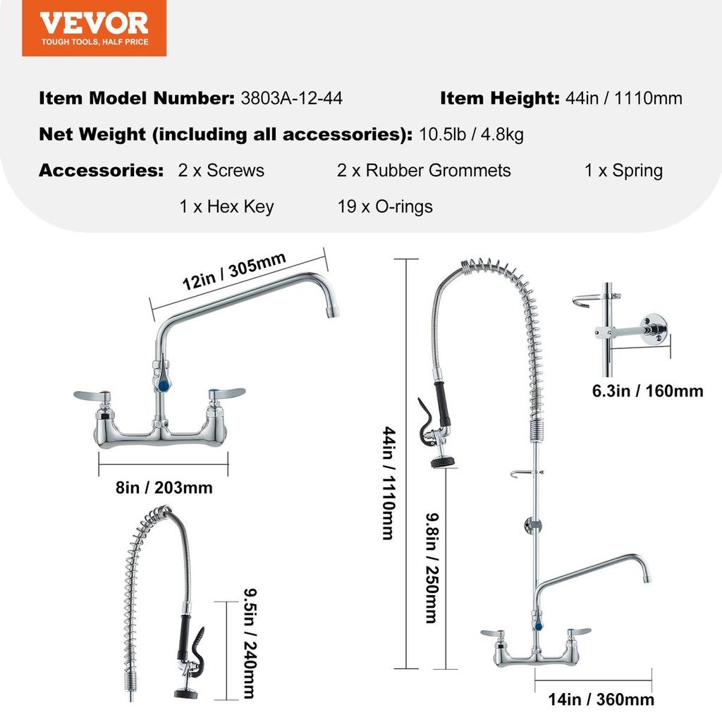 Commercial Faucet with Pre-Rinse Sprayer, 44" Height, 8" Center, 12" Swing Spout, Wall Mount Kitchen Sink Faucet, Brass Constructed Device with Pull