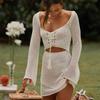 Knitted Beach Top + Skirt Hollow-out Knitted Blouse Long Sleeves Tops + Skirt Beach Women's Summer