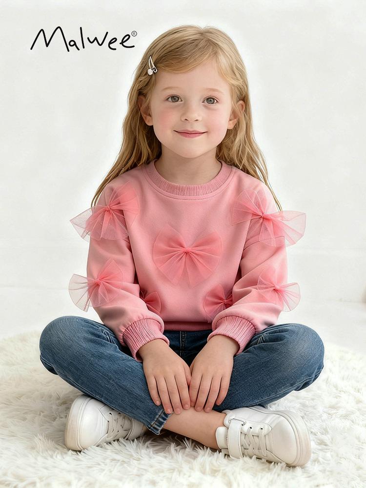 Malwee Girls' Autumn/Winter Sweatshirt: European & American Style Round Neck Long Sleeve Pullover for Kids