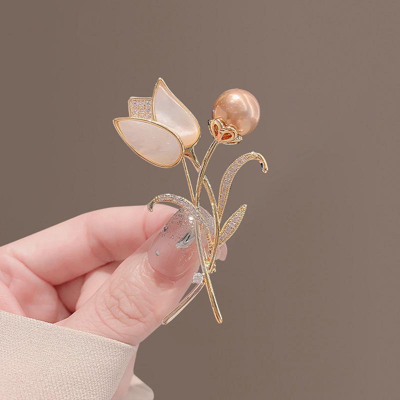 Elegant Tulip Pearl Crystal Brooch for Women - Floral Shawl Pin for Coats & Suits