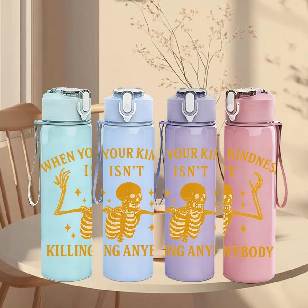 1PC Wheres Your Kindness Skeleton Print 750ml Color Plastic Sports Water Bottle Leakproof Flip Straw Lid Suitable for Sports Office Home Use