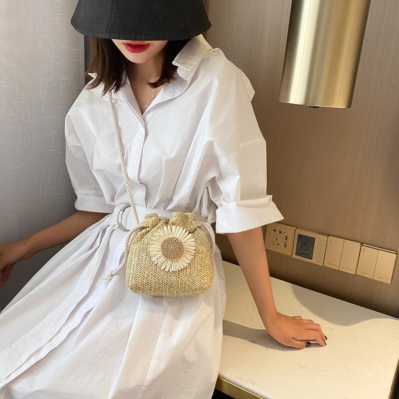 Damen Tasche Sommer Strand Stroh Taschen Klassische Textur Sonnenblume Kordelzug Gewebte Eimer Crossbody Schulter Messenger