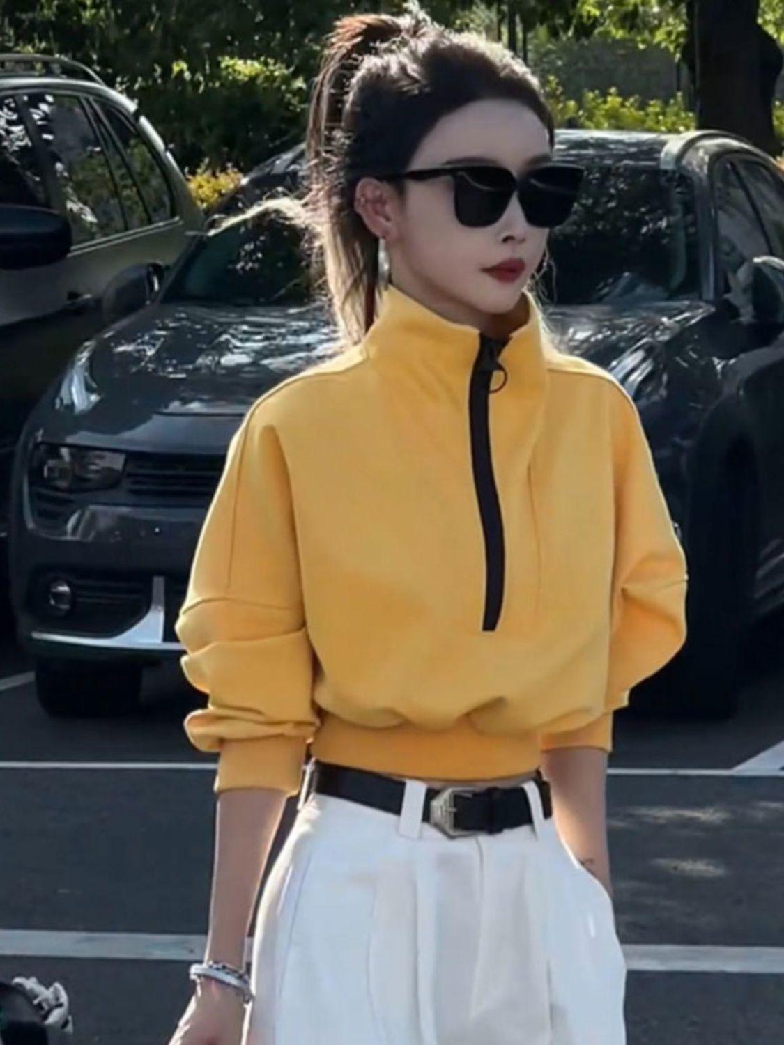 

Women s Petite High-Neck Half-Zip Waist-Hugging Sweatshirt Jacket for Spring and Autumn XL (suitable for 105-115 jin) жёлтый