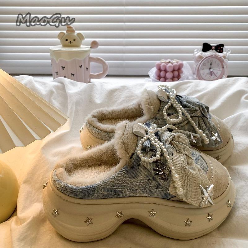 Pantuflas Mujer Beaded Bow Plush Slide Slippers Women's Autumn Winter Fuzzy Cotton Slippers Non-Slip Fashion Shoes for Women