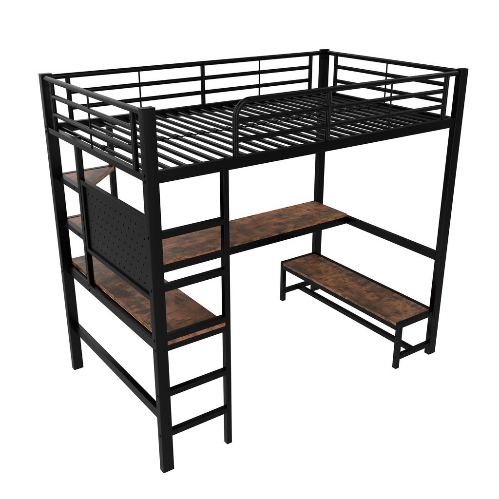 Loft Bed, 90 X 200cm, Iron Frame, Desk, Railing, Ladder, Multiple Shelves, USB+Type-C Socket, LED Strip, Pegboard, Without Mattress, Black