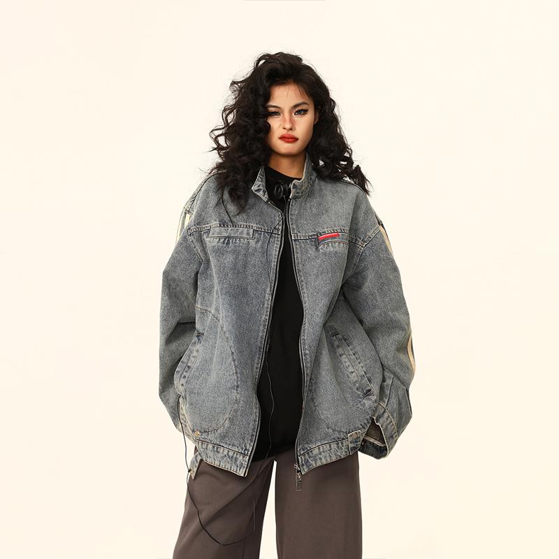 

Трендовая джинсовая куртка унисекс на весну 2024 года со стойкой – стиль ретро рабочей одежды M синий