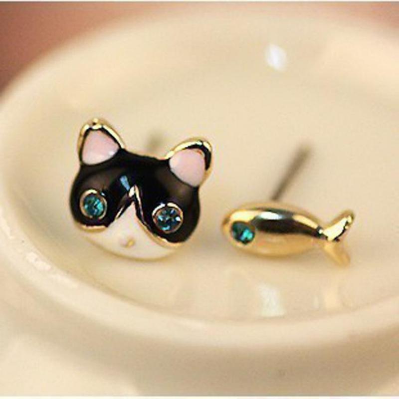 Simple Fashion Earrings Jewelry High Quality Blue Crystal Cat And Fish Asymmetric Earring For Women Boucle D'oreille Femme