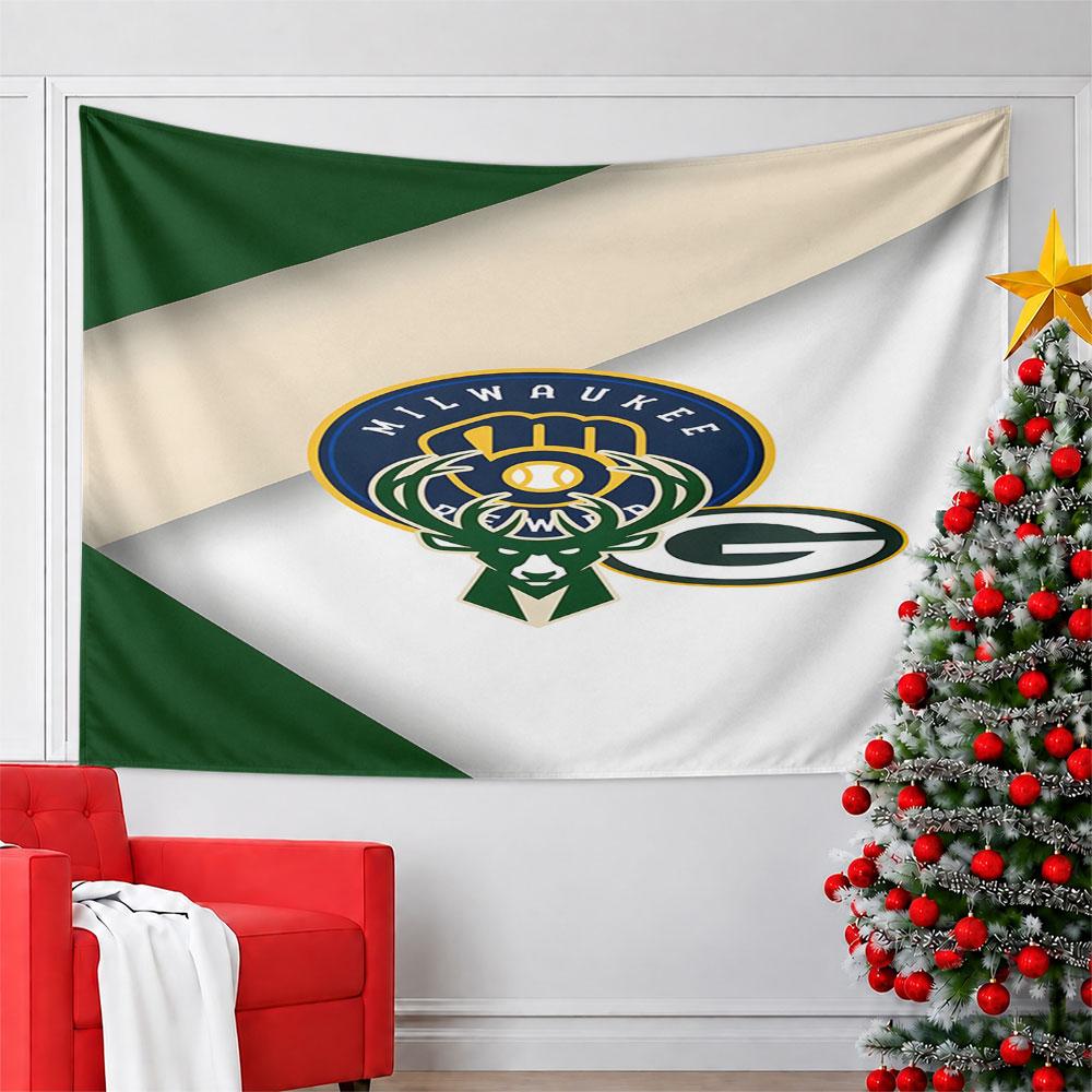 Milwaukee Team Logos Collage Design Pattern Wall Hanging Tapestry Decorative Tapestry Home Decor for Bedroom and Living Room