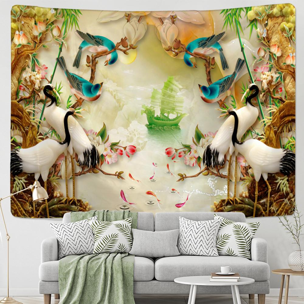 Crane Relief Tapestry Wall Hanging Oil Painting Psychedelic Retro Bohemian Art Mattress Room Home Decor