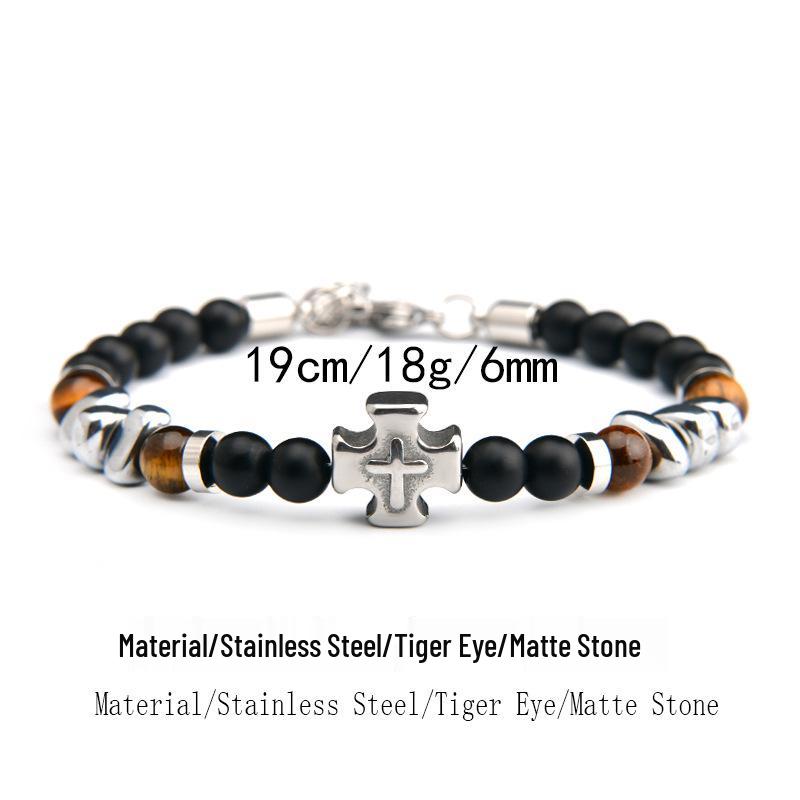 Men s Stainless Steel Double-Sided Cross Bracelet with 8mm Frosted Tiger Eye, Adjustable String