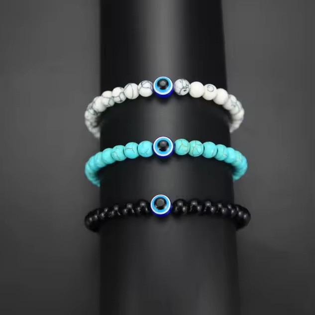 Retro Devil's Eye Bracelet: 6mm Tiger Eye & White Turquoise Beads, Elastic & Versatile