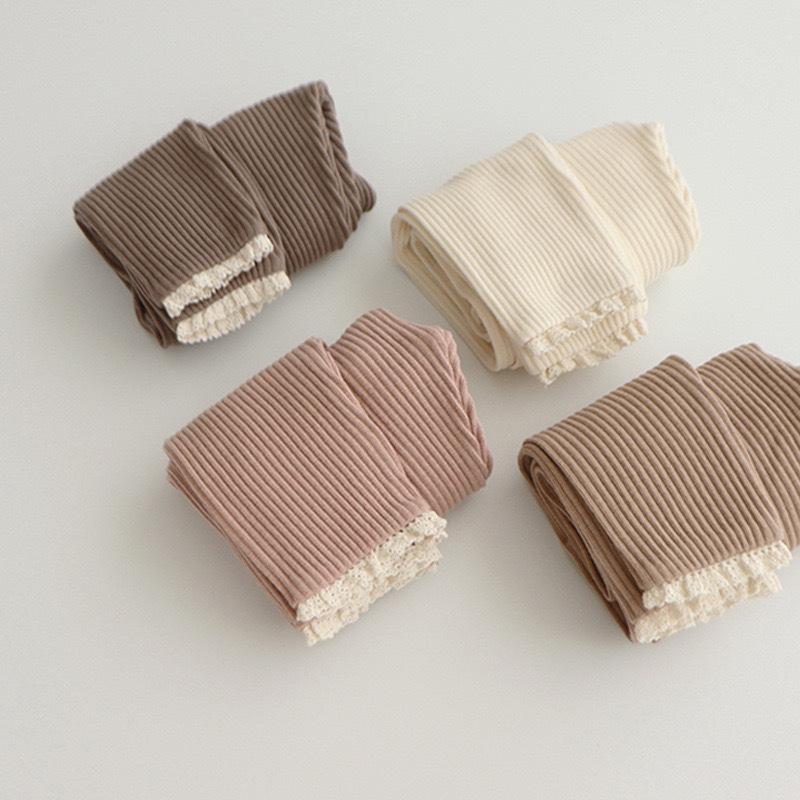 Korean Style Girls' Cotton Leggings with Striped Lace, High Elasticity, Spring/Autumn Trousers for Little Girls