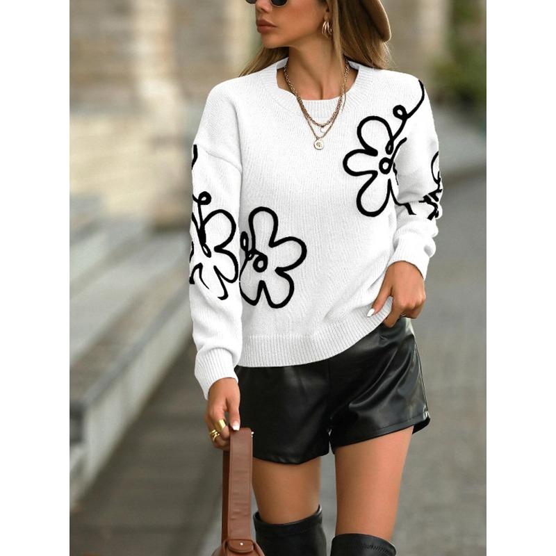 Women S Crew Neck Long Sleeve Flower Jacquard Knit Pullover Sweater
