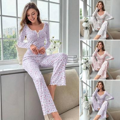 Kadın Uzun Kollu Pijama Takımı Fırfırlı V Yaka Crop Top ve Geniş Paça Pantolon Uyku Giyim Seti Çiçek Baskılı 2 Parça Pijama Seti