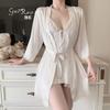 Women's French Satin Low Cut Front Slit Sleep Dress with Robe Lounge Set
