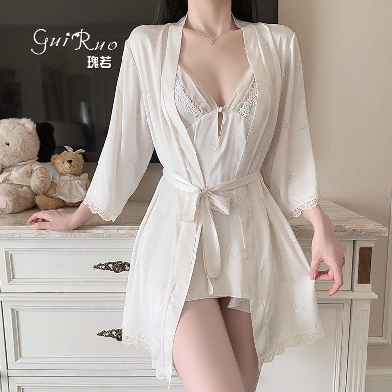 Women's French Satin Low Cut Front Slit Sleep Dress with Robe Lounge Set
