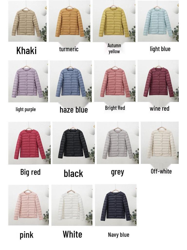 Women's 90% White Duck Down Lightweight Round Neck Jacket, Collarless, Solid Color, Warm & Simple Short Coat for Autumn/Winter.