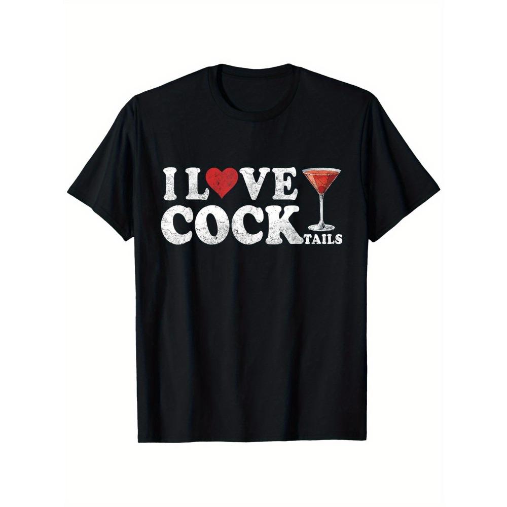 

Men s funny I Love Cocktails pattern T-shirt humorous drinking joke design casual cotton short-sleeved T-shirt, black S