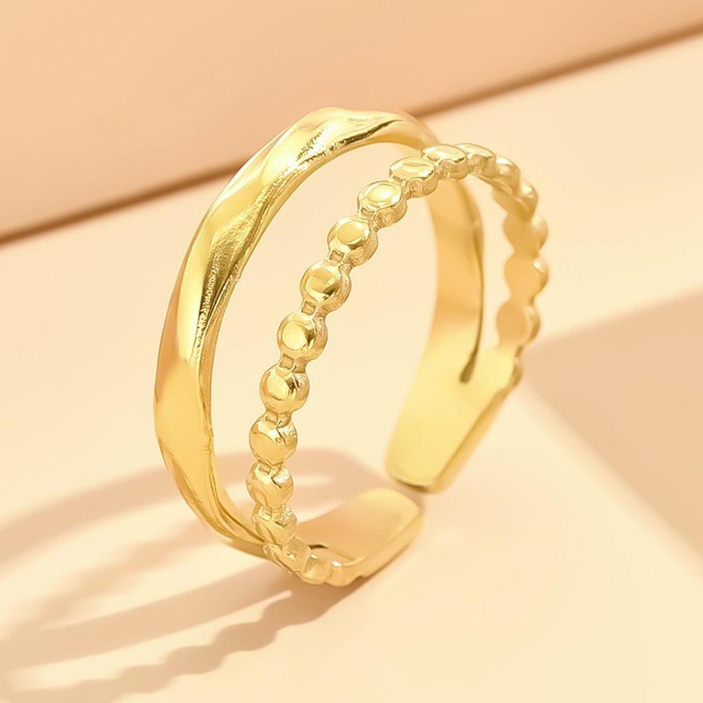 Elegant Stainless Steel Double Layer Irregular Opening Ring for Women - Fashionable European & American Style