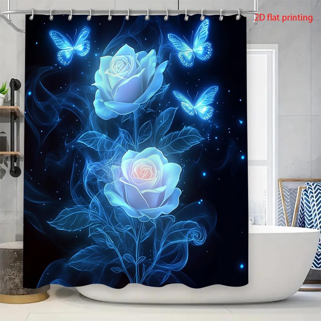 Set Tenda da Doccia da 4 Pezzi con Tappetino Antiscivolo per Bagno, Copriwater, Tappeto Sagomato e 12 Ganci, Decorazione per Bagno