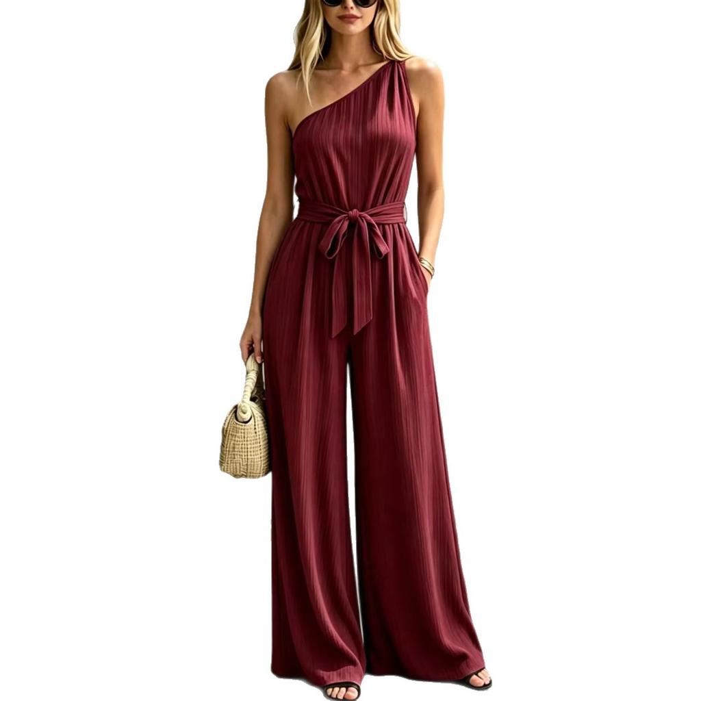 [Factory direct sales] New European and American cross-border women's clothing sexy slanted shoulder high waist drape and thin holiday jumpsuit