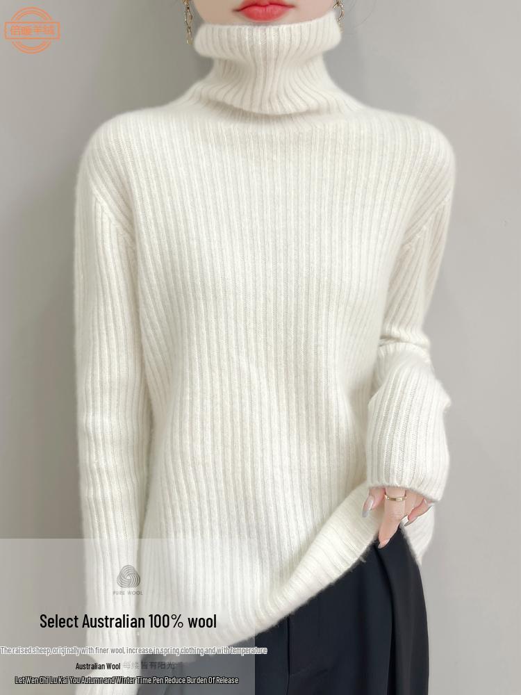 Women's Ribbed Turtleneck 100% Wool Sweater - Stylish Autumn/Winter Thick Knit Pullover Inner Layer Top