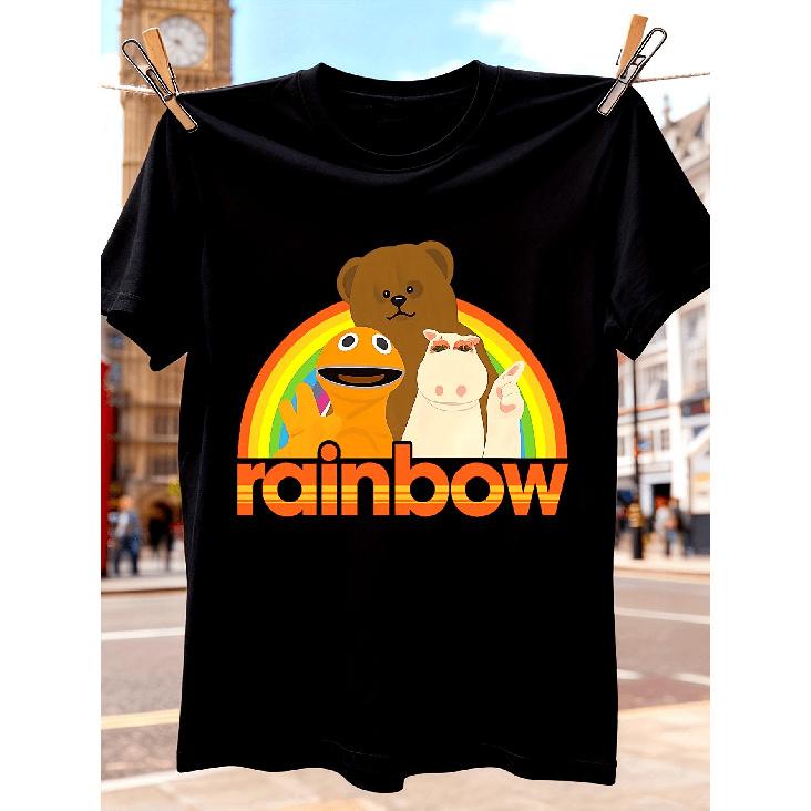 Men'S Rainbow Zippy Bungle George TV Show Graphic T-Shirt Colorful Cartoon Bear And Rainbow Prints, Short-Sleeved Crew Neck Casual Tee, Adult Size,