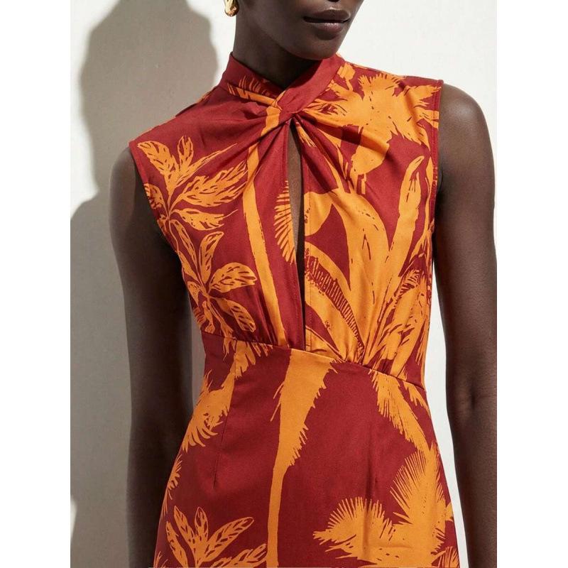 European summer new French retro temperament floral vacation style turtleneck sleeveless dress women S