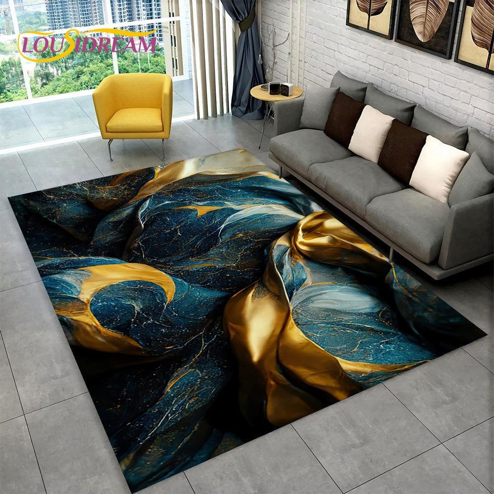 Nordic Blue Golden Colour Marble Geometric Area Rug Carpet Rug for Living Room Bedroom Sofa Doormat Decor Non-slip Floor Mat