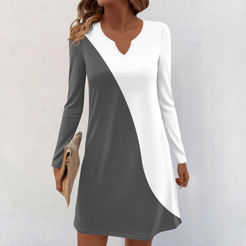 Women's Long-sleeved Casual Midi Dresses V-Neck Print  Casual Dress
