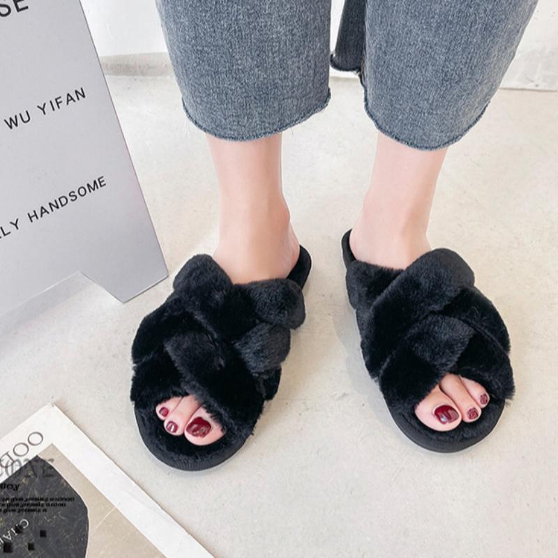 Mesh cross plush slippers, winter plush flat floor mop, exposed toe warm cotton mop