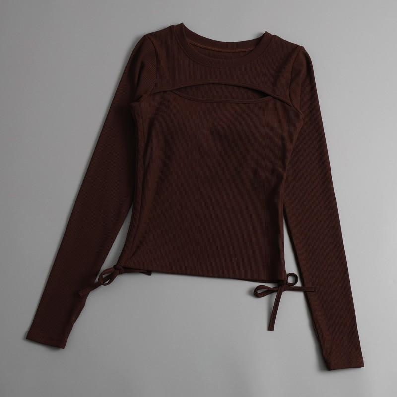 Womens Long Sleeve Yoga Top Sexy Cutout Drawstring Tight Fitness Training Sportswear