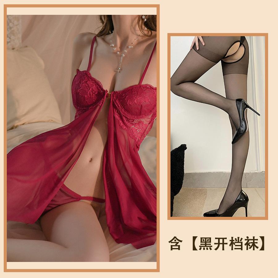 Sexy with Steel Tray Lace Seduction Pajamas Sexy Gathering Front Split Pajamas Women Hot Uniform Women
