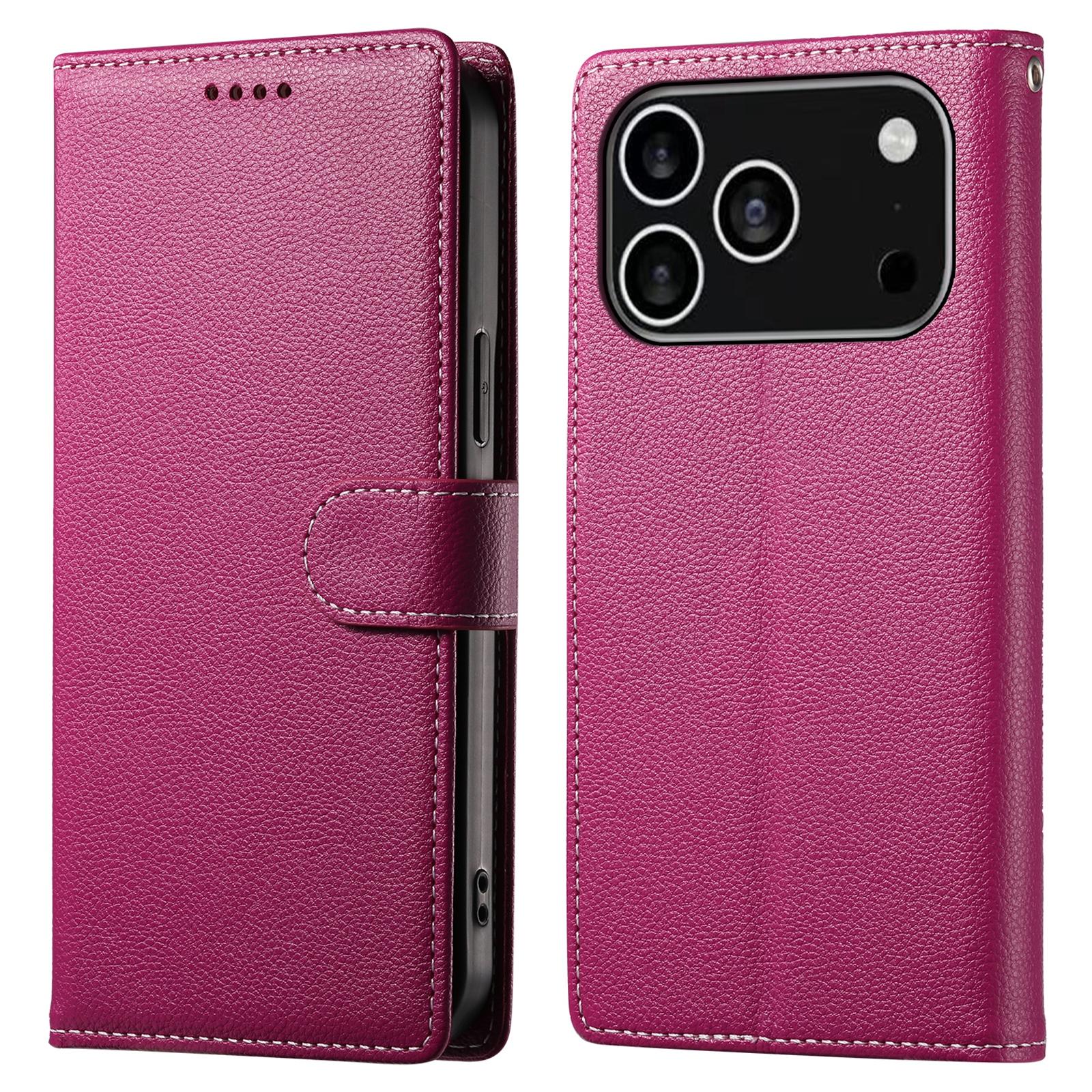 

For iPhone 17 Pro Case Magnetic Snap Litchi Texture Leather Wallet Phone Cover with Wrist Strap Rose