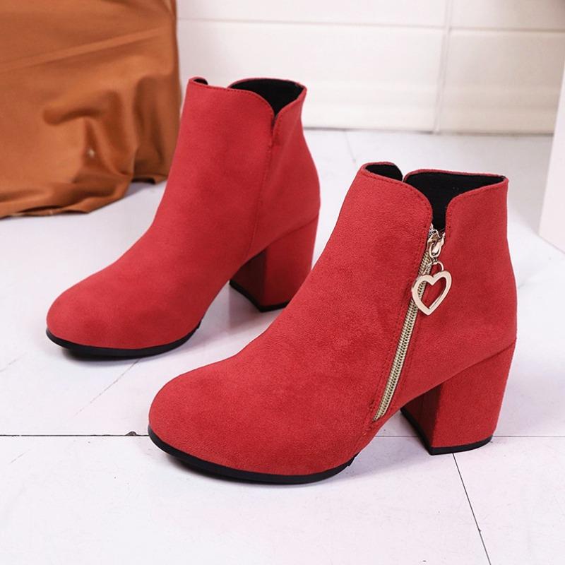 Foreign trade large size high-heeled short suede Martin boots women's autumn and winter new round head thick heel side zipper short boots