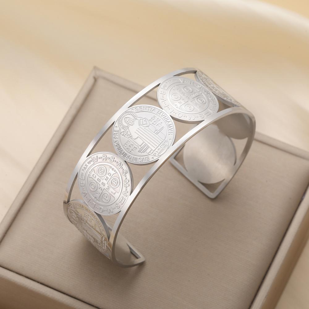 Dawapara Saint Benedict Bangle for Men Women Cuff Bracelets Religious Christian Protection Catholic Jewelry Stainless Steel