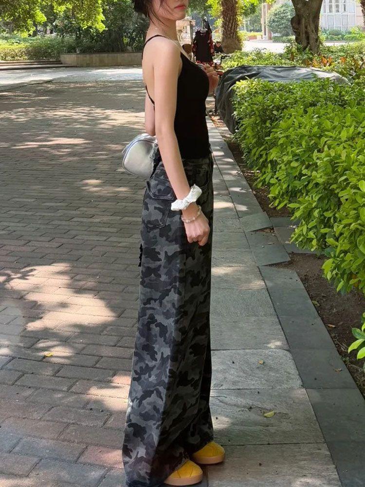 Fashionable Comfortable Vintage Camouflage Work Wide Leg Jeans Women's High Waist Loose Slim Straight Casual Trousers Jeans for Women Long Denim Pants