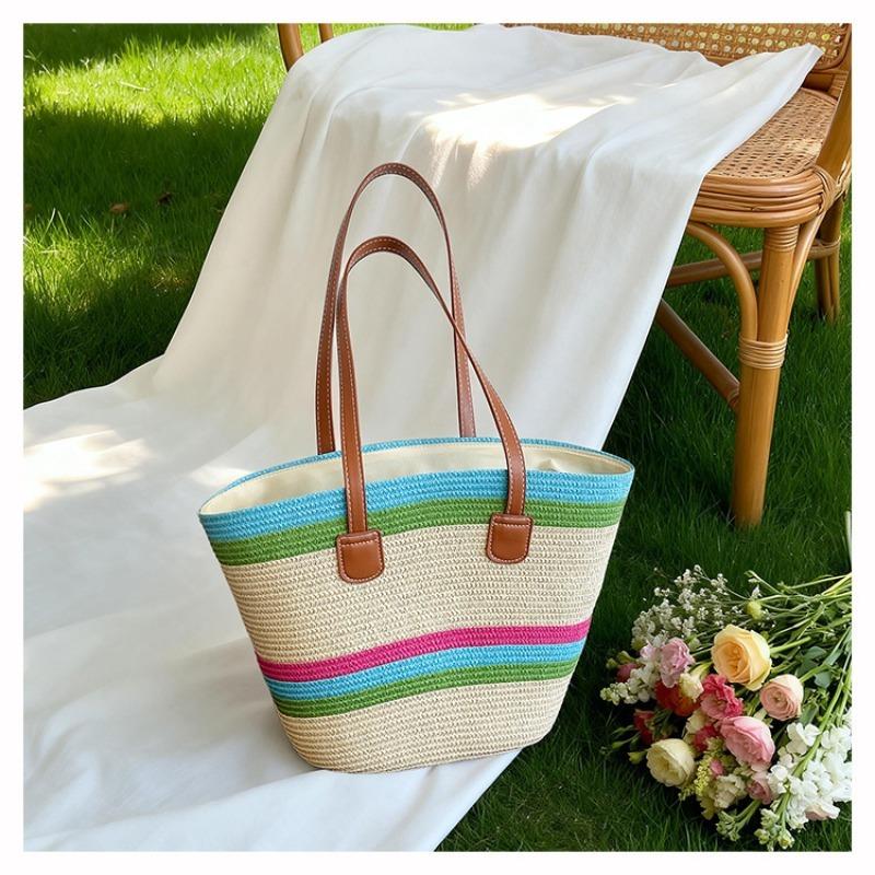 Damen Große Kapazität Gewebte Eimer Tasche Einzelne Schulter Handtasche Farbblock Mode Strandtasche