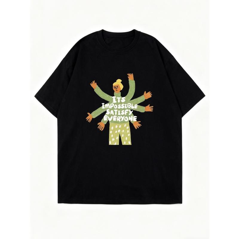 Oversized T Shirt Black Cartoon Woman With Multiple Arms And Text Its Impossible To Satisfy Everyone Casual Wear For Women