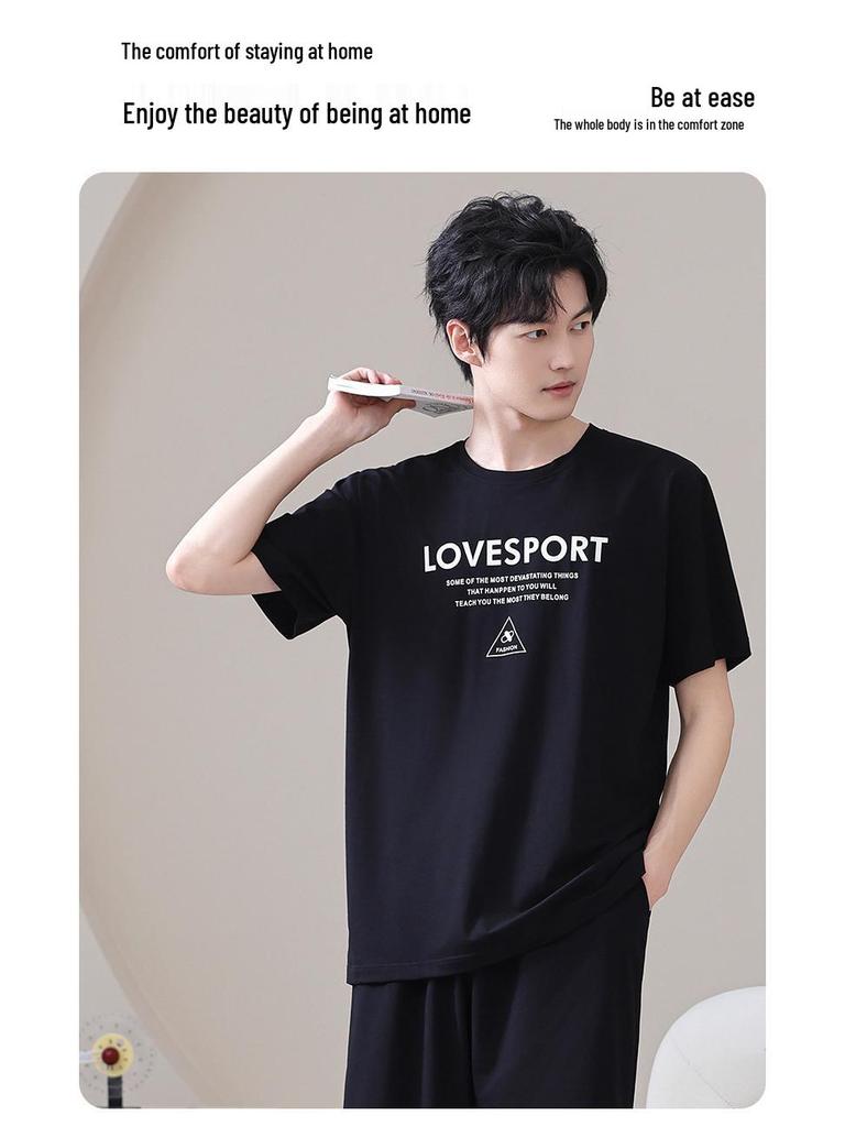 Men's Plus Size Cotton Summer Pajama Set - Thin Short-Sleeved Top & Shorts, Round Neck, Casual & Comfortable for Indoor/Outdoor Wear