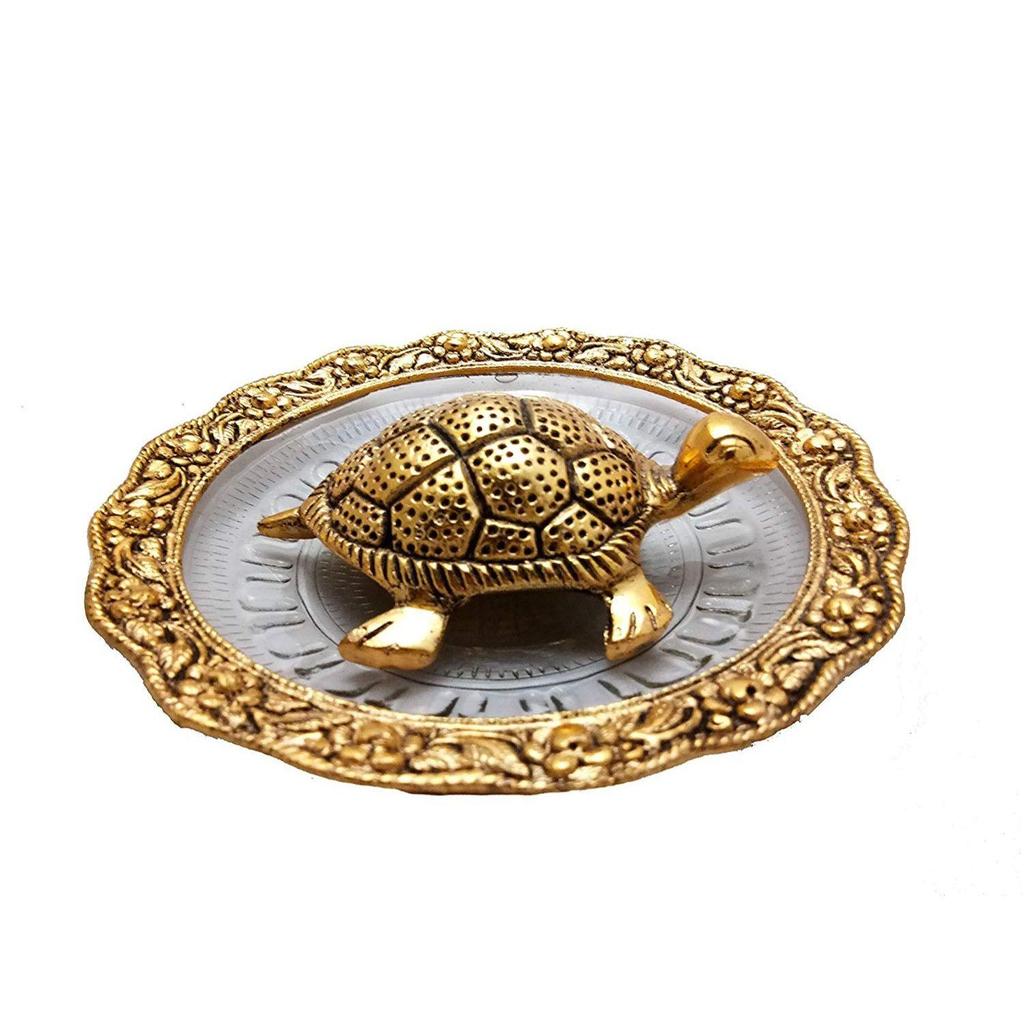 Metal Feng Shui Tortoise On Plate Fantasy Showpiece (Golden, Diameter: 5.5 Inch)