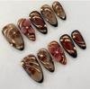 Autumn/Winter Gold Foil Flower Manicure Nails - Brown Gradient Almond Shape Nail Art Stickers.